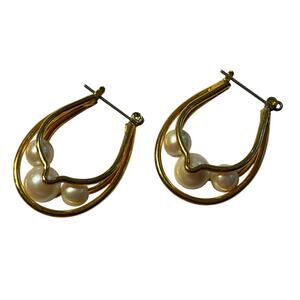 Gold pierced earrings oval hoops cased faux pearl beads timeless classic vintage